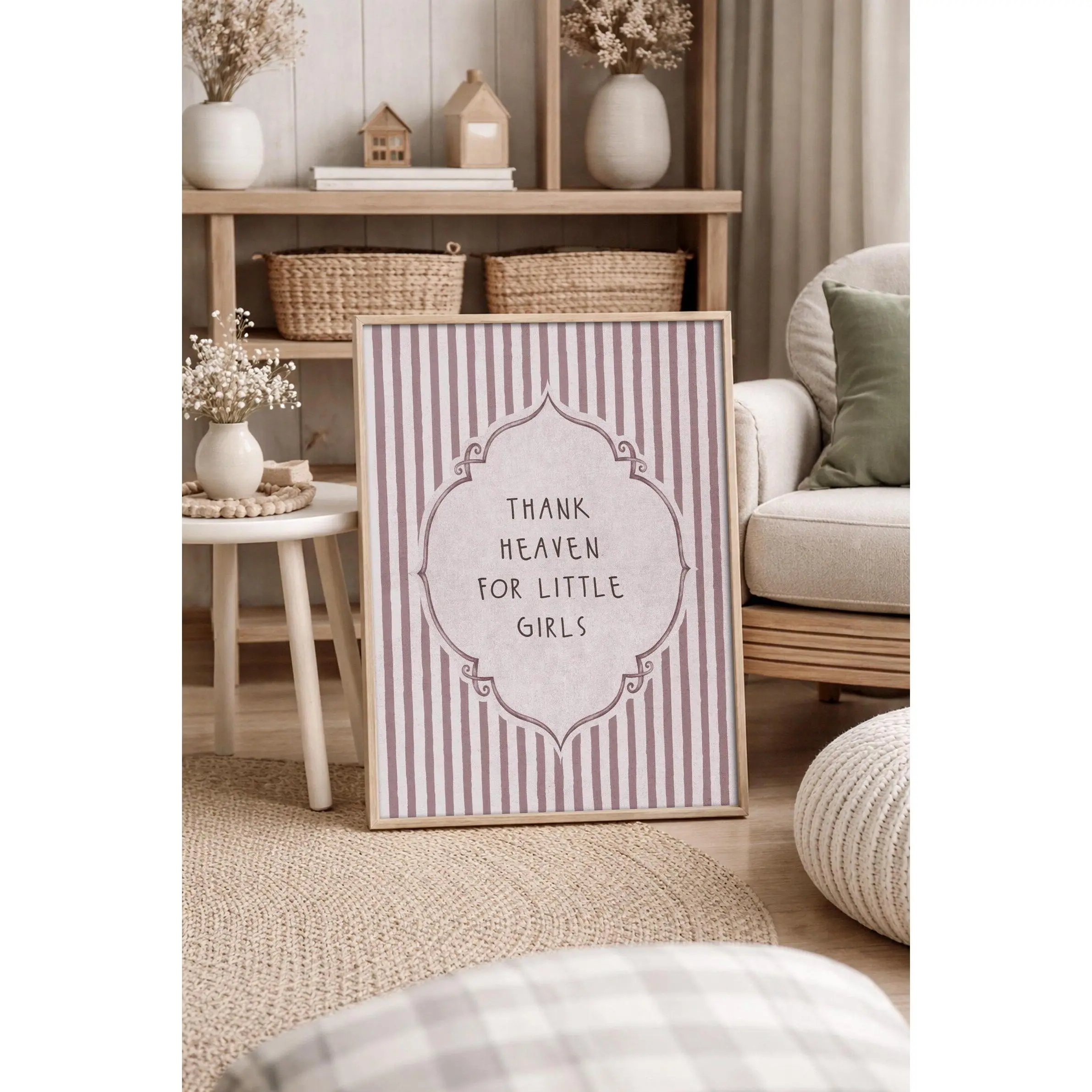Thank Heaven For Little Girls – Nursery Print, Pink Stripe Vintage Quote [Unframed - Only Print]