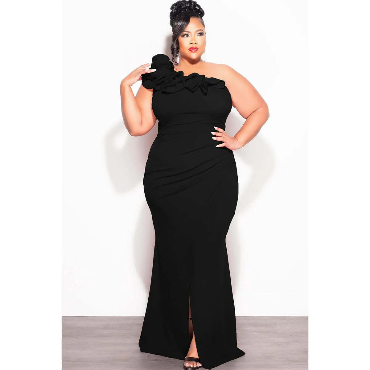 Final Sale Plus Size One Shoulder Ruffle Trim Gown with Front Slit in Black