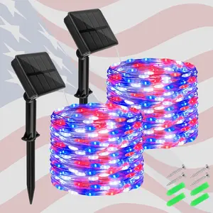 Red White and Blue Solar Fairy Lights, Memorial Day Lights Waterproof Outdoor 39.4ft 120LED 8 Modes Memory Function Independence Day Memorial Day Decorations Party Garland Ribbon American Flag Ornaments