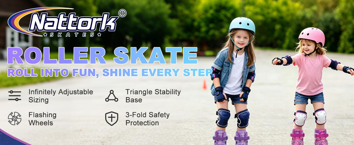 Tri-Wheel Roller Skates for Beginner Kids, 4-Size Adjustable Skates with Triple Lock-Up System for Indoor & Outdoor Play