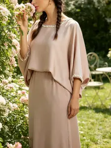 Elegant Satin Pearl Two-Piece Set, Batwing Sleeve Top & High-Waist Skirt, Spring & Fall Commute, Slimming and Sophisticated, Womenswear, Elegance