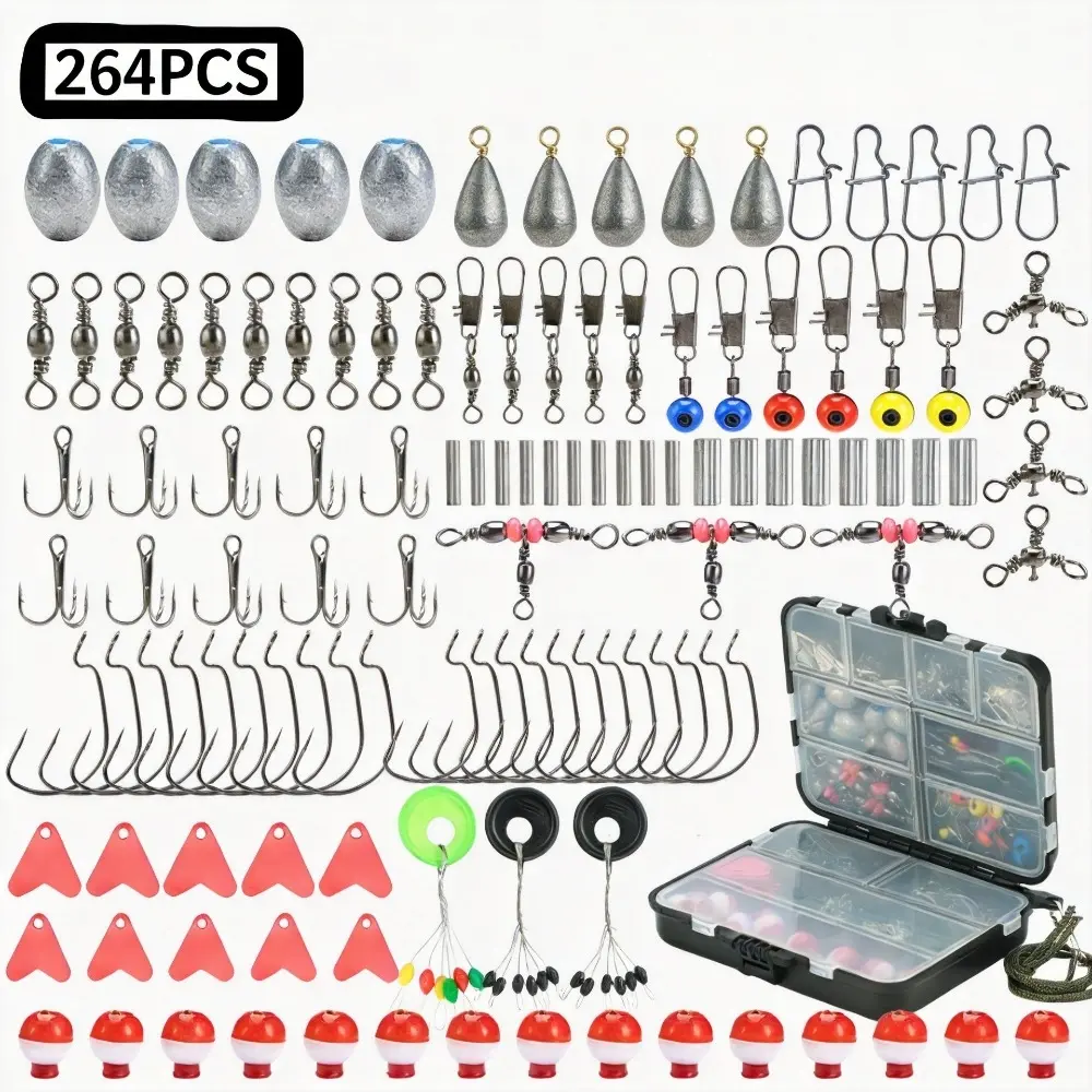 264pcs Complete Fishing Tackle Kit, Portable Lure Set with Crank Hooks, Swivels, Sinkers & Storage Box, All-in-One Fishing Gear for Freshwater & Saltwater, Fishing Equipment, Fishing Lures, Fishing Accessories Kit