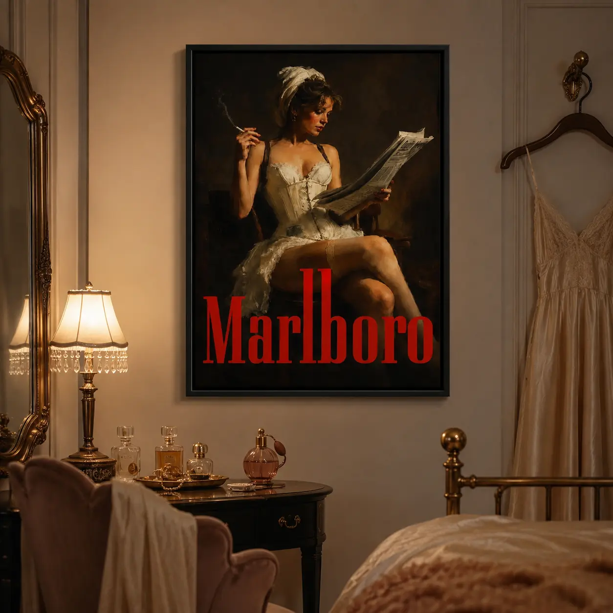 Dark Background Retro Corset Lady Canvas Print, Vintage Old Fashioned Woman Reading Newspaper Wall Hanging, Classic Moody Artwork for Apartment Pub Garage Bedroom Decor