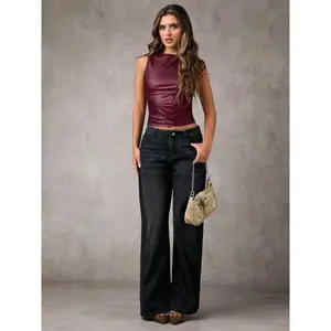 Women's solid color PU leather vest, spring and autumn casual sleeveless top, women's daily clothingRAIMENTRY