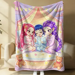 Anime Kpop Girl Group Sleepover Flannel Blanket, Soft Plush Throw Blanket, Cozy Bedspread Cover for Anime & Kpop Fans Girls, Warm Lightweight All-Season Blanket with Cute Tent & Teddy Bear Print, Ideal Birthday Gift for Teens & Fans