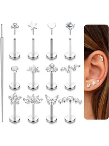 12Pcs Nose Stud for Women Men Surgical Steel Push in Flat Back Stud Earrings Star Heart Snake Threadless Nose Studs 20G Labret Studs Tragus Helix Piercing Jewellery Gold/Silver