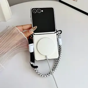 Magnetic Phone Case with Side Clip, Wireless Charging Support, Hand Strap or Stand, Fits Samsung Galaxy Z Flip 7/6/5/4/3, Trendy Anti-Drop Design