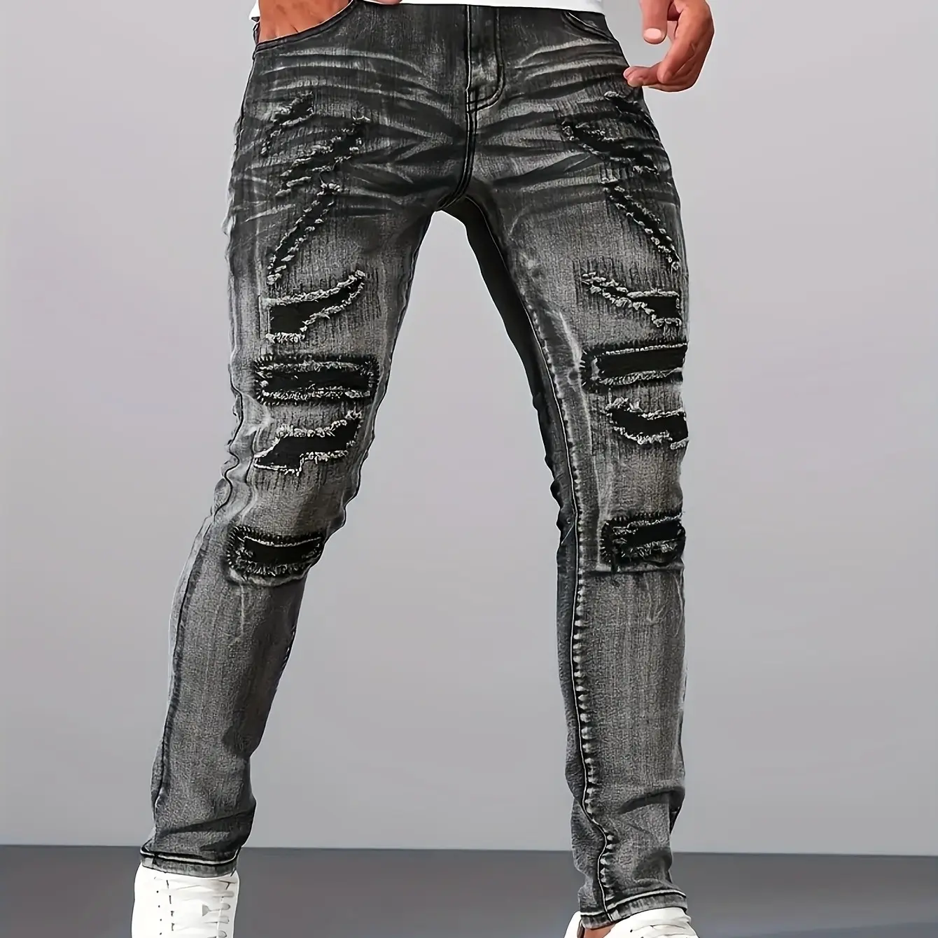Skinny Fit Denim Jeans Distressed Ripped Patchwork Design Edgy Essential for Urban Street Style Outfits