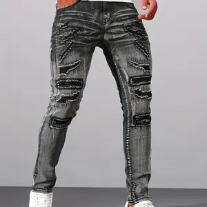 Skinny Fit Denim Jeans Distressed Ripped Patchwork Design Edgy Essential for Urban Street Style Outfits