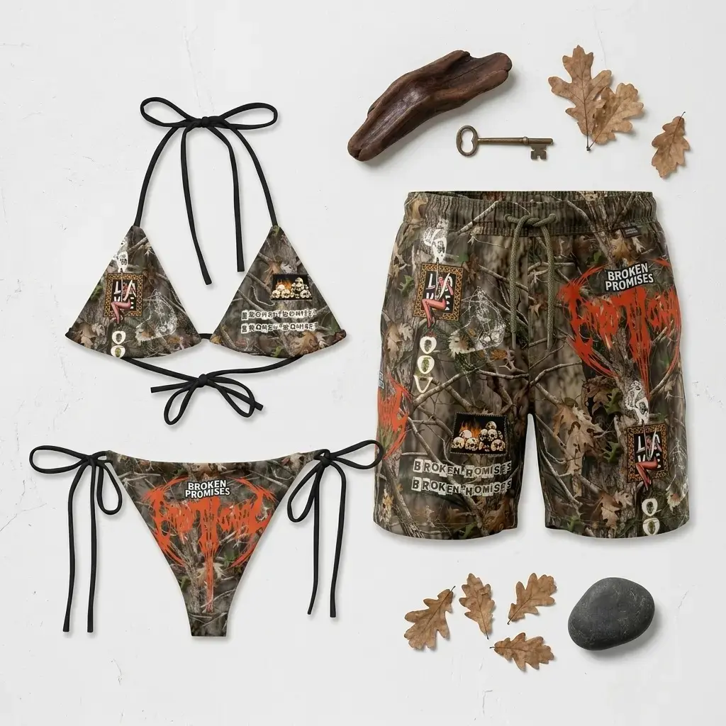 Matching Couples Camo Swimwear Set – Tie-Side Bikini & Men's Beach Shorts, Tropical Summer Beach Outfit, Quick-Dry Vacation Swimsuits
