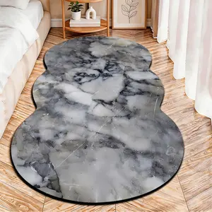 2D Flat velvet irregular rug with grey and white marble texture pattern, machine washable non-slip carpet for bedroom, all seasons & holiday decor, durable & easy to clean.