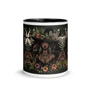 Moon Witch Mug - 11 oz 15 oz Ceramic Drinkware with Intricate Floral Crowns & Glowing Crescent Moons - Reusable, Washable, Dishwasher & Microwave Safe - Gothic Tea Tumbler