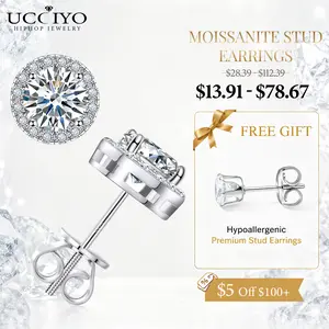 【Screw Back Halo Lab-Created Moissanite Earrings】 UCCIYO 0.2-8.0ct 3-10mm 925 Sterling Silver Real Moissanite Earrings Round Cut Brilliant Stud Earrings E103 For Women Men Fashion Jewelry   summerwins Pretty Studs