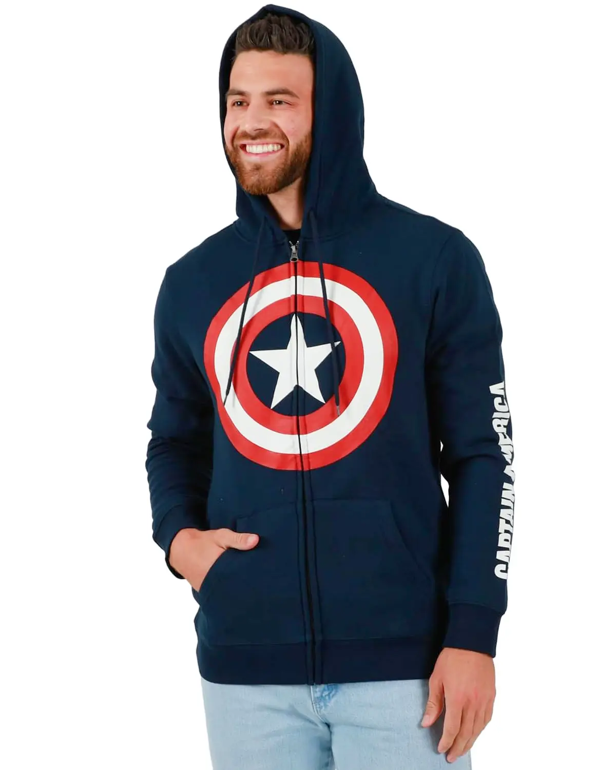 Marvel Captain America Jacket Men's Shield Logo Long Sleeve Zip Up Hoodie, Superhero, Sweatshirts, Menswear, Ribbed, Graphic, Soft