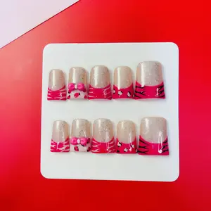 DiDazzle 10 PCS Handmade Duckbill Press - on Nails | PinkZebraSparkle with Acrylic Zebra Patterns, Bow Details & Sparkle Textures