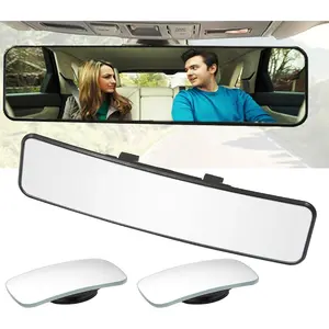 Rear View Mirror, Universal 11.4 Inch Interior Clip On Panoramic Rearview Mirror to Reduce Blind Spot Effectively – Wide Angle – Convex – For Cars, SUV, Trucks (Bonus 2 PCS Square Blind Spot Mirrors)