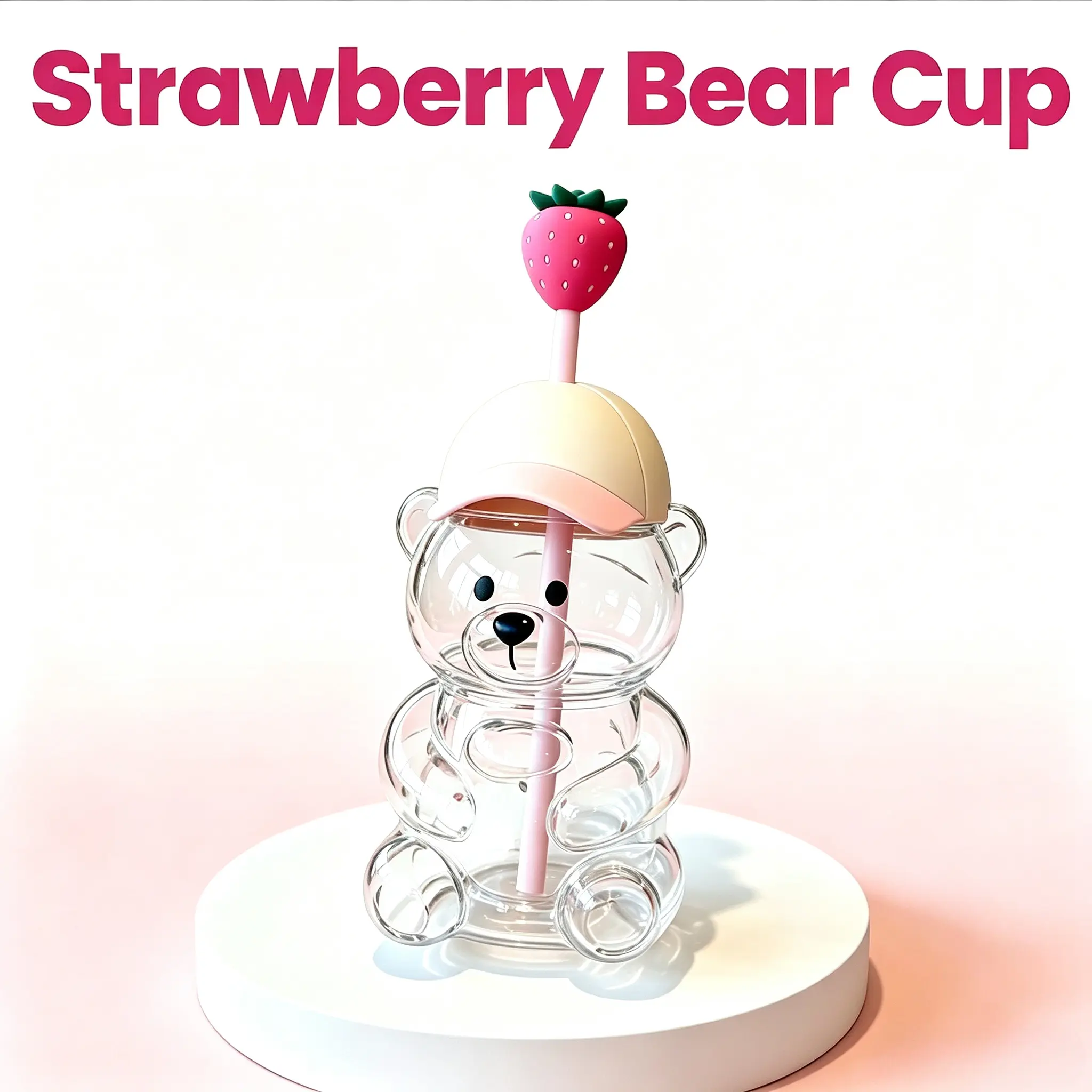 SummerWins  Strawberry Bear  Shaped Glass Cups, Romantic Pink & Green Teddy Bear Glass Mug with Airtight Cap, Decorative Drinking Jar for Valentine’s Party Decor, Engagement, Anniversary Gift, Creative Cocktail & Soda Glassware