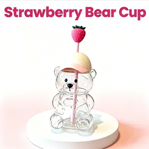 SummerWins  Strawberry Bear  Shaped Glass Cups, Romantic Pink & Green Teddy Bear Glass Mug with Airtight Cap, Decorative Drinking Jar for Valentine’s Party Decor, Engagement, Anniversary Gift, Creative Cocktail & Soda Glassware