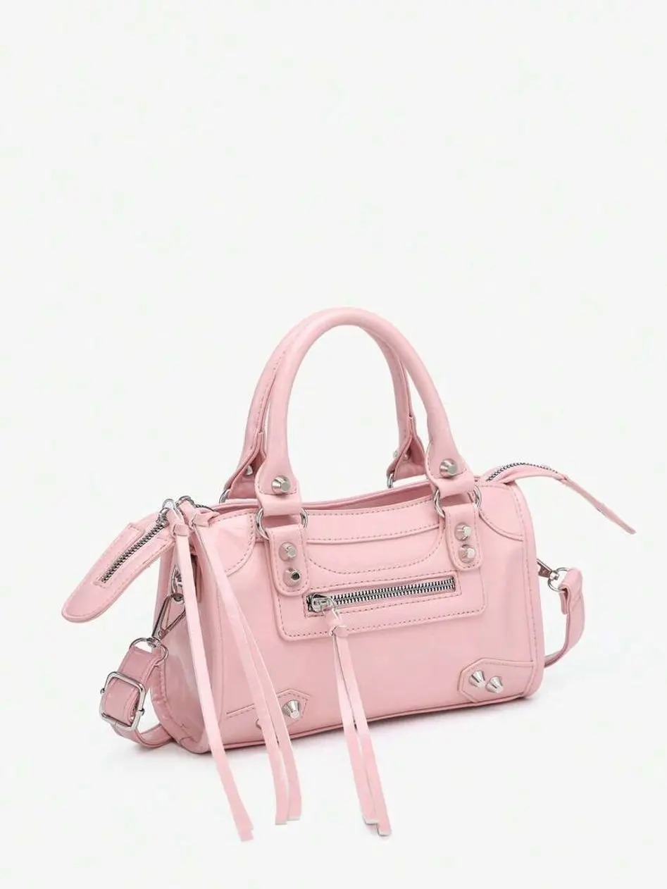 Y2K Baby Pink Motorcycle Boston Bag | Vintage Mini Biker Purse with Long Tassel Zippers & Rivets