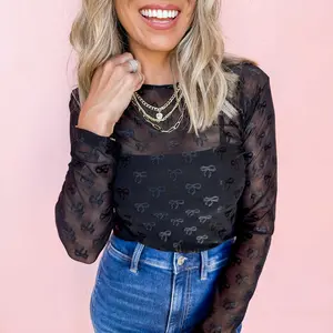Black Mesh Bow Pattern Long Sleeve Top