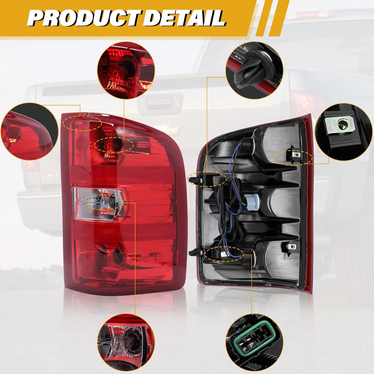 OE-Fit Right Passenger Side Halogen Bulb Tail Light Assembly, Plug-In Replacement for Chevy Silverado 07-13 1500/07-14 2500 HD/3500 HD, Polycarbonate Waterproof Bolt-On OE-Style with Harness, Red Border Signal Lamp, Part 25958483 GM2801207, Halogen Bulbs,