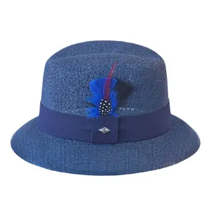 LowridingChicano Navy OG Lowrider Derby Hat with Handmade Flex Fit & Feather Accent for Special Occasions