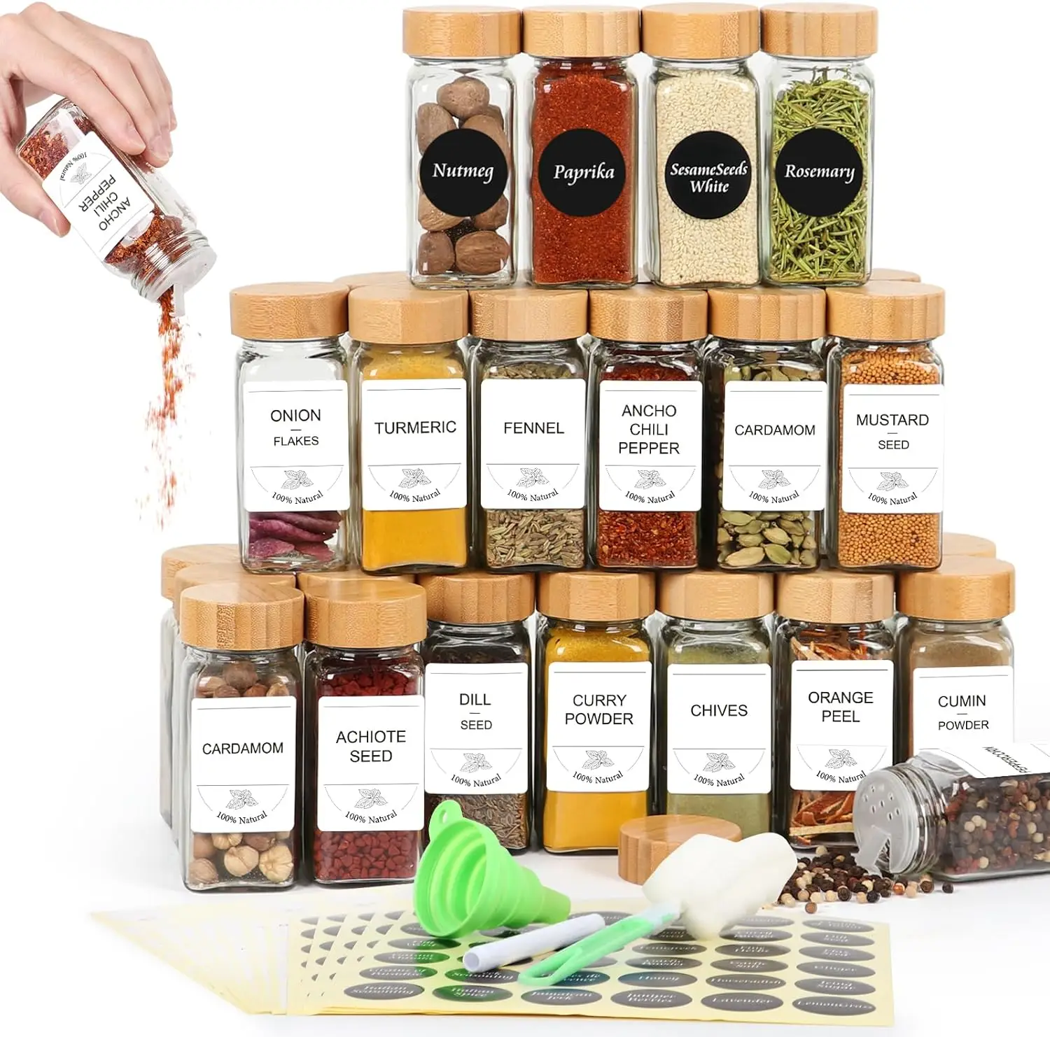 Glass Spice Jars with Bamboo Lids 4oz 24Pack, Kitchen Airtight Storage Jars with Lids/Blank & Preprinted Spice Labels (4fl.oz, 24Pack)