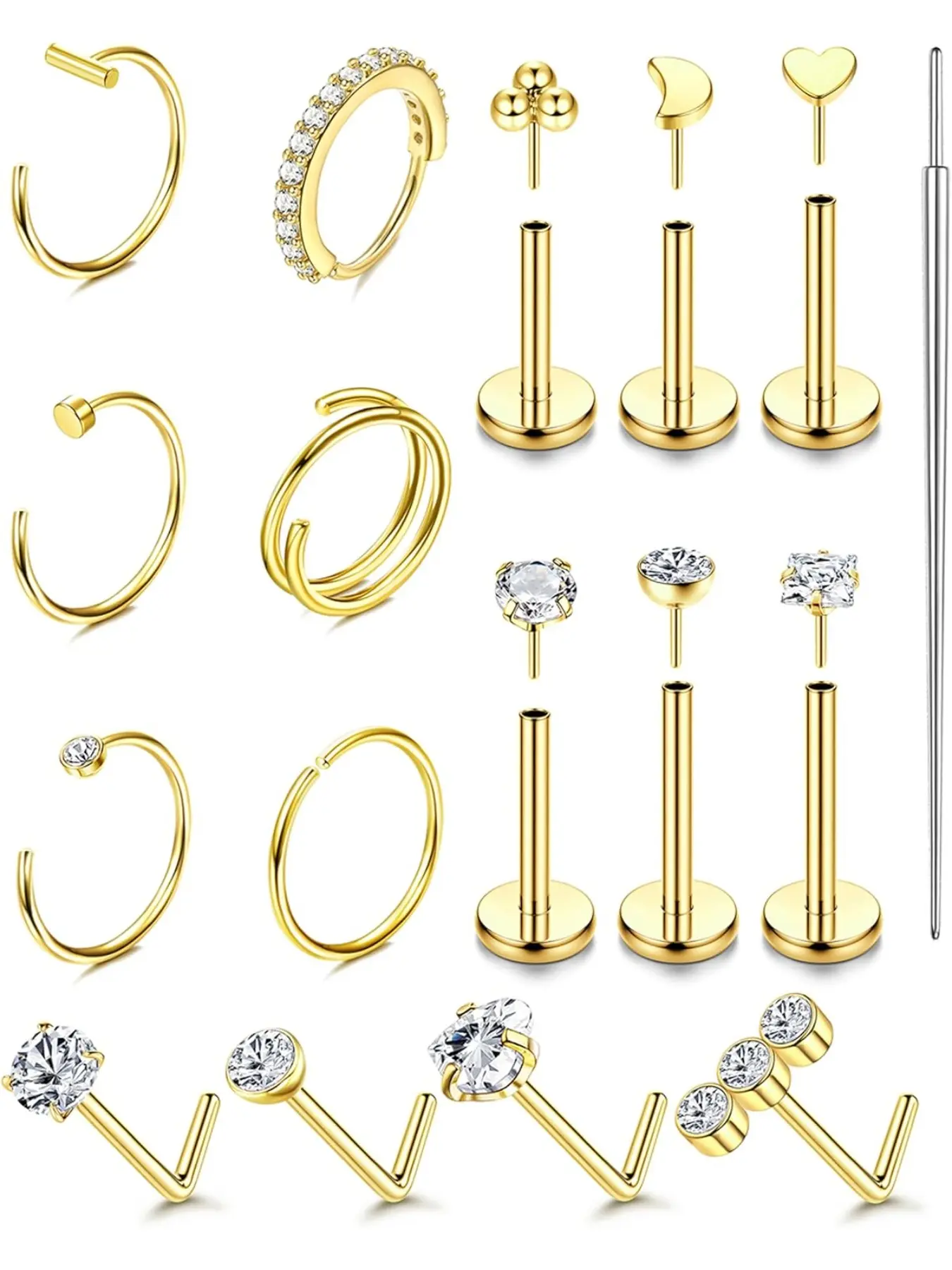 14K Gold Filled Nose Rings Studs for Women Men - 316L Surgical Steel Threadless Push in Flat Back Earrings - Hypoallergenic Nose Rings Hoops Cartilage Helix Tragus Nostril Piercing Jewelry 18G 20G Body Piercing Jewelry Hinged Nose Ring