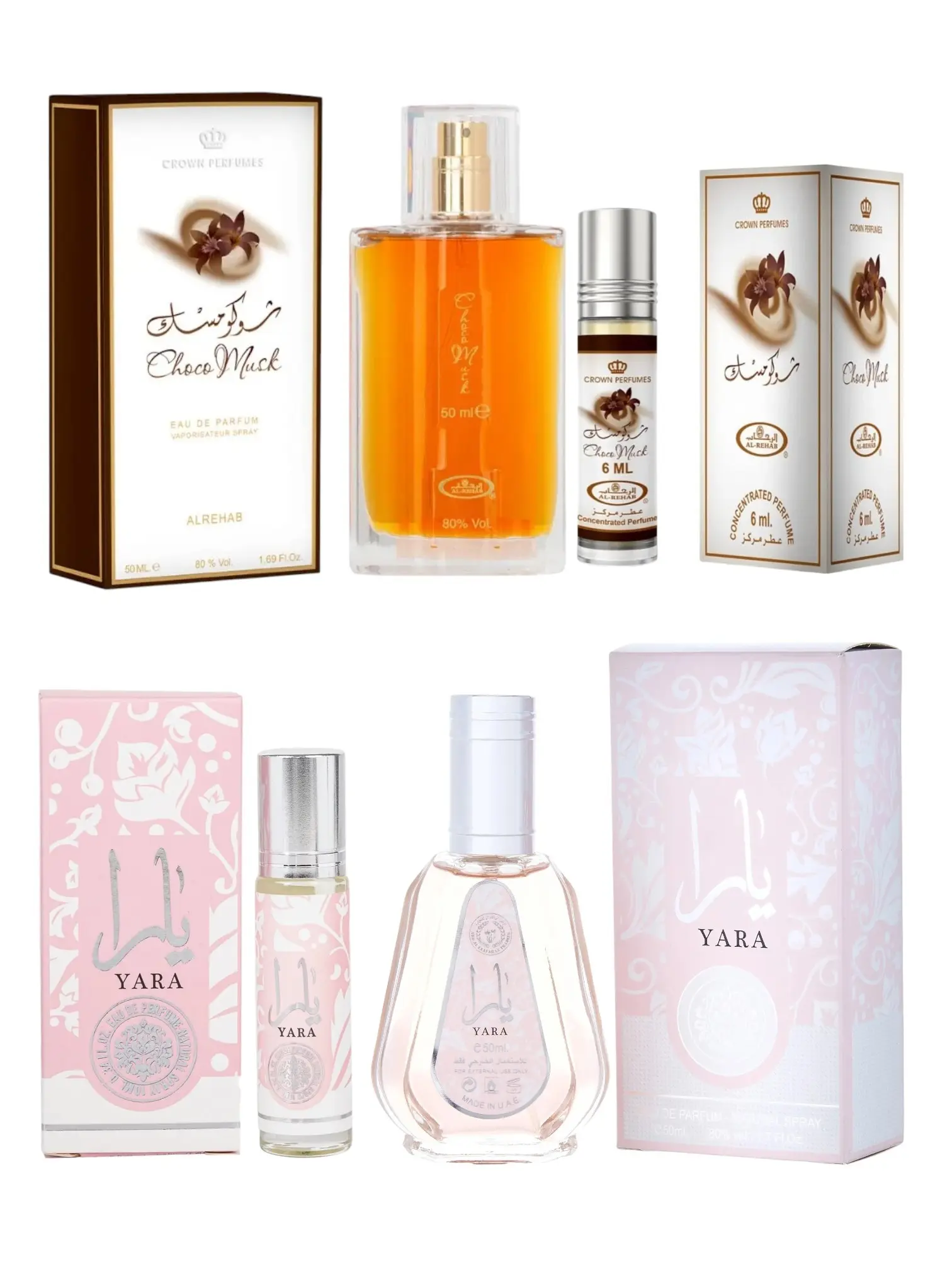 (4pc Bundle Pack) 50ml Choco Musk + 6ml Roll-On by Al-Rehab + 50ml Yara + 10ml Roll-On by Ard Al-Zaafaran (4pc Bundle Pack) 50ml Choco Musk + 6ml Roll-On by Al-Rehab + 50ml Yara + 10ml Roll-On by Ard Al-Zaafaran
