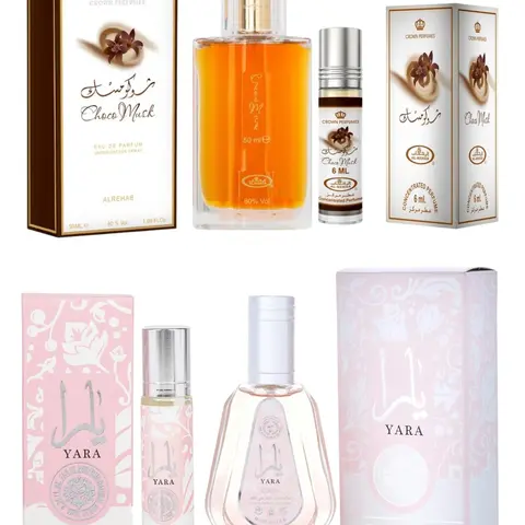 (4pc Bundle Pack) 50ml Choco Musk + 6ml Roll-On by Al-Rehab + 50ml Yara + 10ml Roll-On by Ard Al-Zaafaran