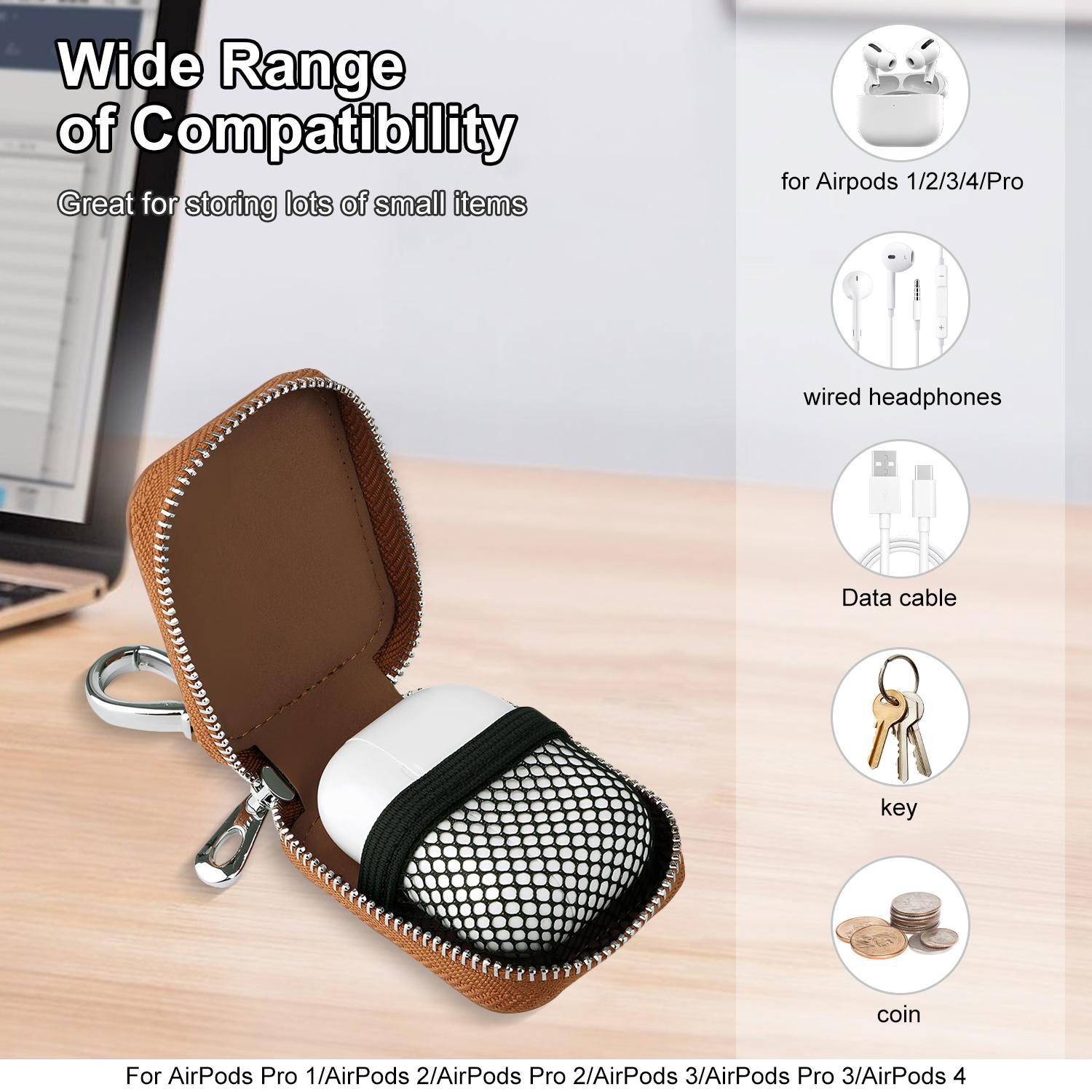 Earbud Carrying Case, Portable PU Leather Small Protective Storage Bag with Mesh Pocket & Keychain for Wireless Headphones, Earbuds, USB Cables & Accessories