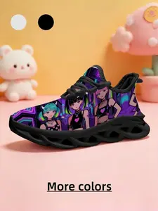 1 Pair Kids' Style Breathable & Lightweight Cyber Purple Sneakers, Soft Elastic Thick Sole, Children's Day Gift, Versatile for Daily Wear, Cartoon Colorful Girl Print, Cool Cyberpunk Style Casual Shoes