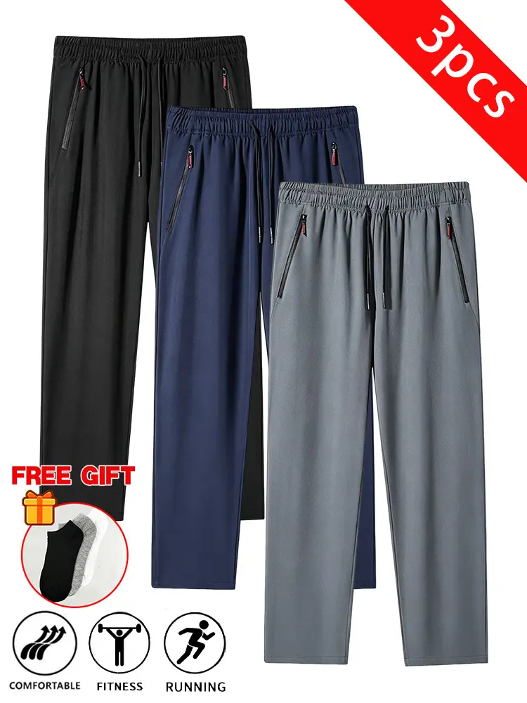 3PCS Men’s Lightweight Quick-Dry Straight-Leg Athletic Pants, 3 Colors, Elastic Drawstring Waist, Zipper Pockets, Breathable, Suitable for Running, Fitness, Everyday Streetwear, Includes Socks