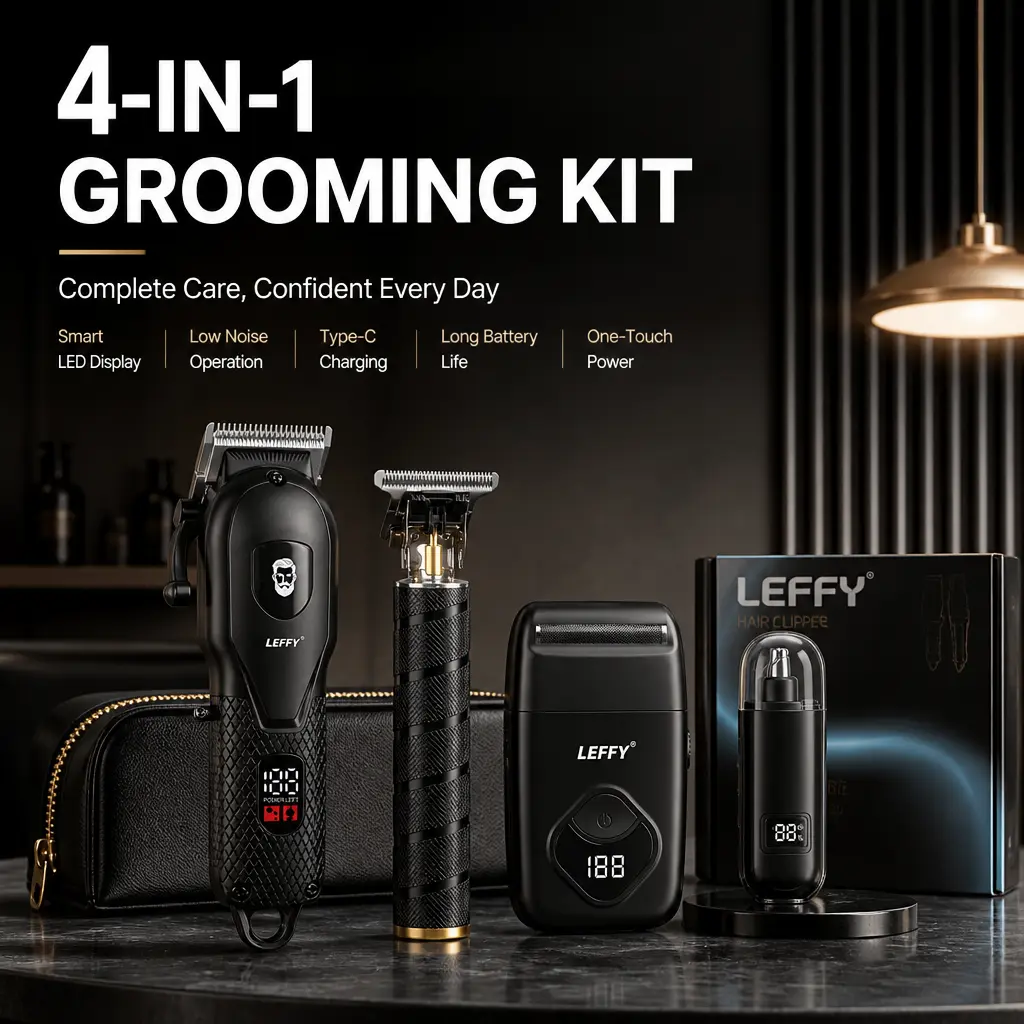 LEFFY 2pc/4pc Wireless Electric Hair Clipper Set - 4-in-1 Kit with 0-Gap Trimmer, Nose Hair Trimmer, Mini Electric Shaver, Digital Battery Level Display - Thoughtful Gift for Father's Day, Birthdays, Christmas adjustable blade