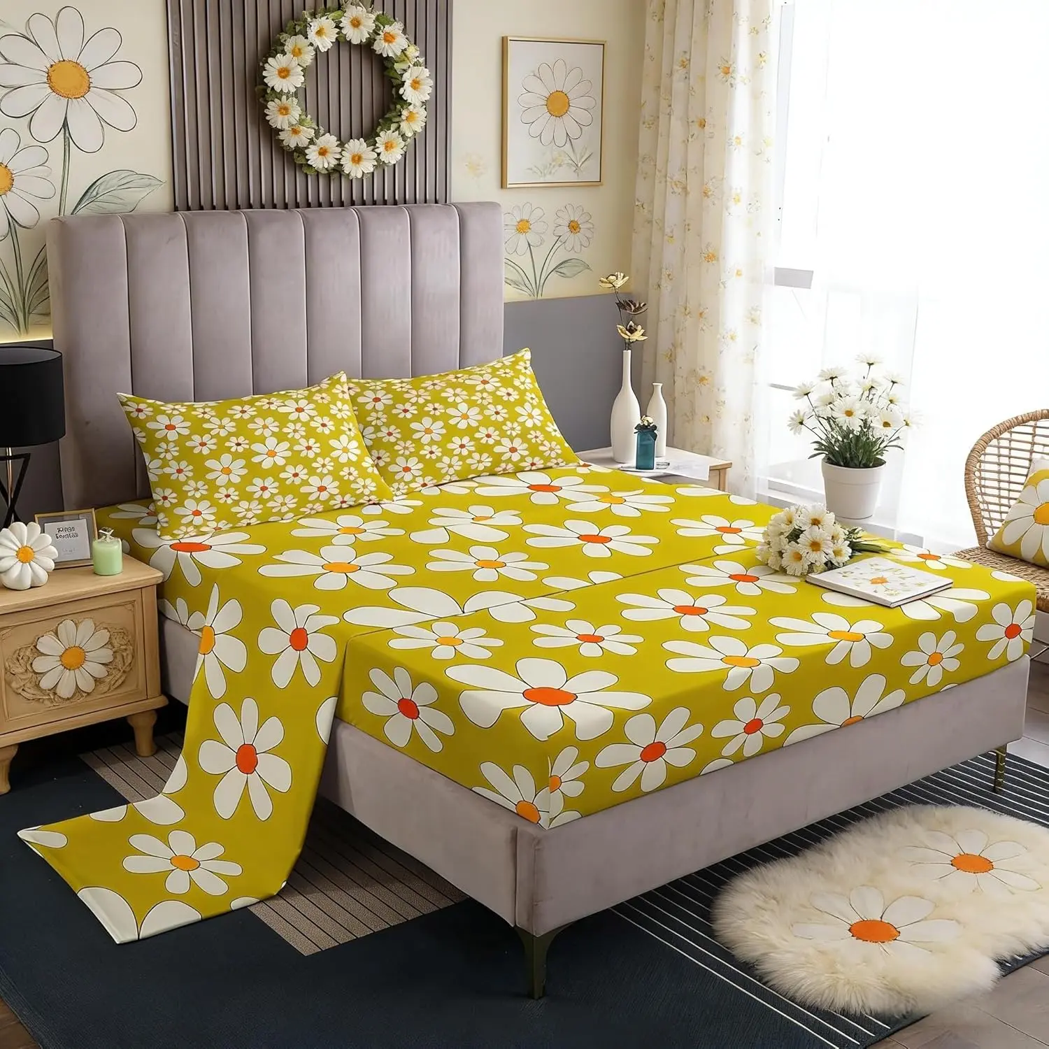 Hippie Flowers Bed Sheet Set,70s Retro Floral Bedding Decor Set 1 Flat & 1 Fitted Sheet,Groovy Cartoon White Daisy Room Mattress Protector