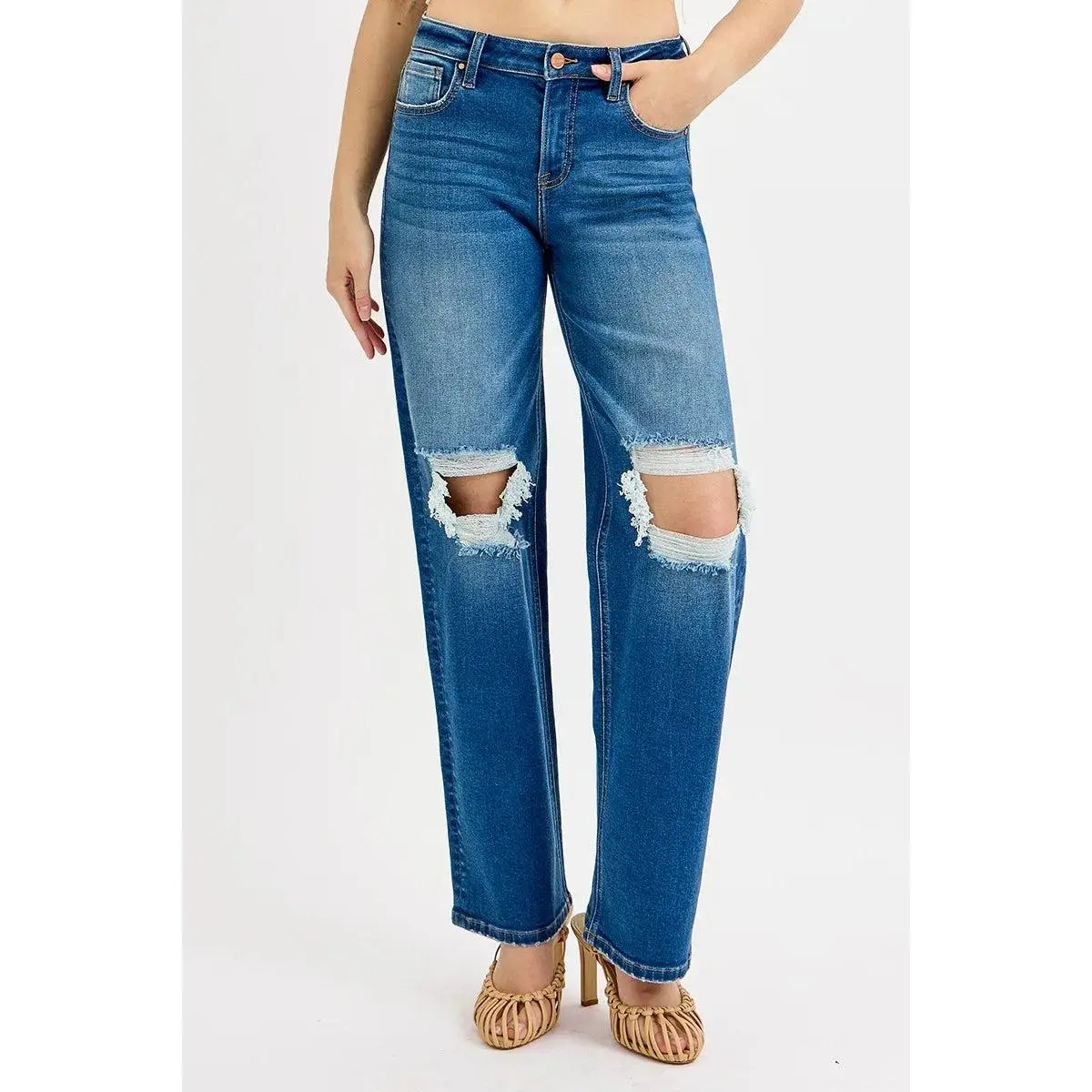 RISEN Full Size Mid Waist Fit Boyfriend Knee Distressed Jeans Plus Size