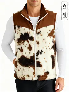 Autumn Winter Faux Lamb Velvet Cow Pattern Patchwork Vest, Warm Fitted Sleeveless Top for Men and Women, Casual Daily Wear