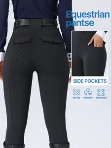 Women's High-Waisted Equestrian Pants, Side Pockets, Anti-Slip, Durable, Breathable, Elastic Waist, Ideal for Riding, Training, Competitions