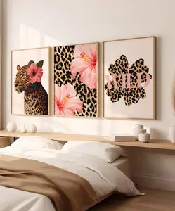 Trendy Leopard Hibiscus Flower Print Set of 3 Wall Art Girly Pink Cheetah Bedroom Posters Hawaiian Aloha Print Poster Funky Y2K Aesthetic