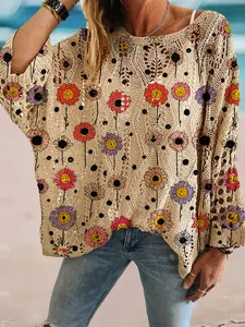 Sunflower Print Knit Hoodie, Spring Summer Round Neck Hollow Out Batwing Sleeve, Loose Fit Shoulder Drop Outer Vest, Boho Style
