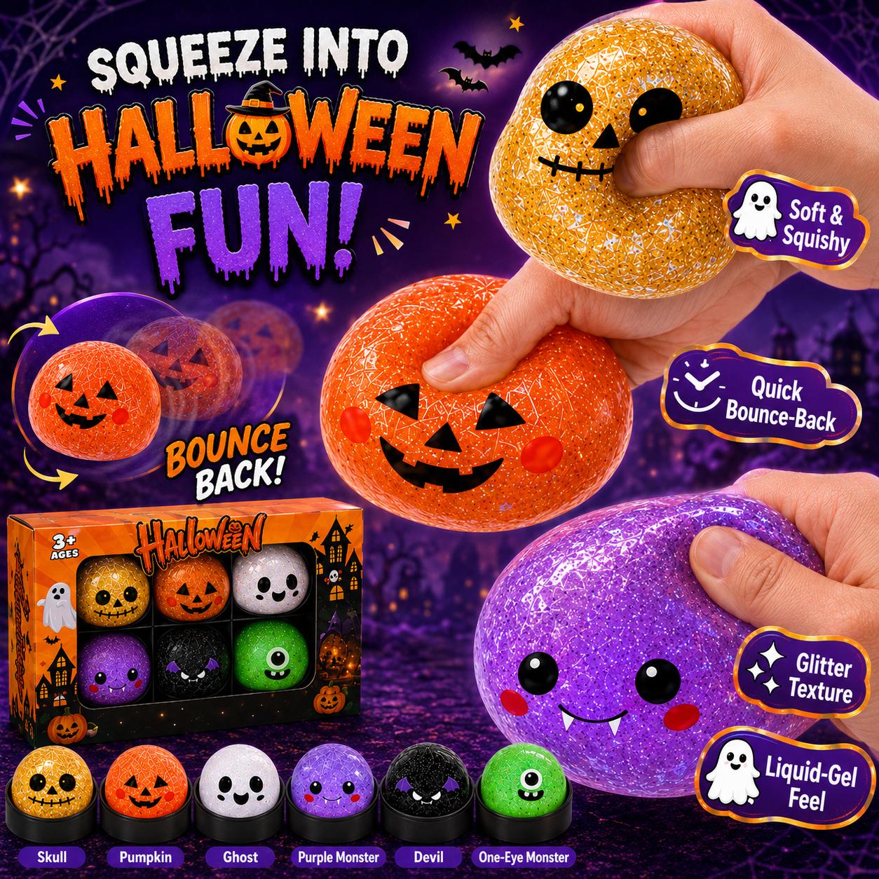 4PCS/6PCS Halloween Glitter Ghost Dumpling Squeeze Toys - Stress Relief Squishy Fidget Toys, Portable Hand Decompression Items, Halloween Party Favors