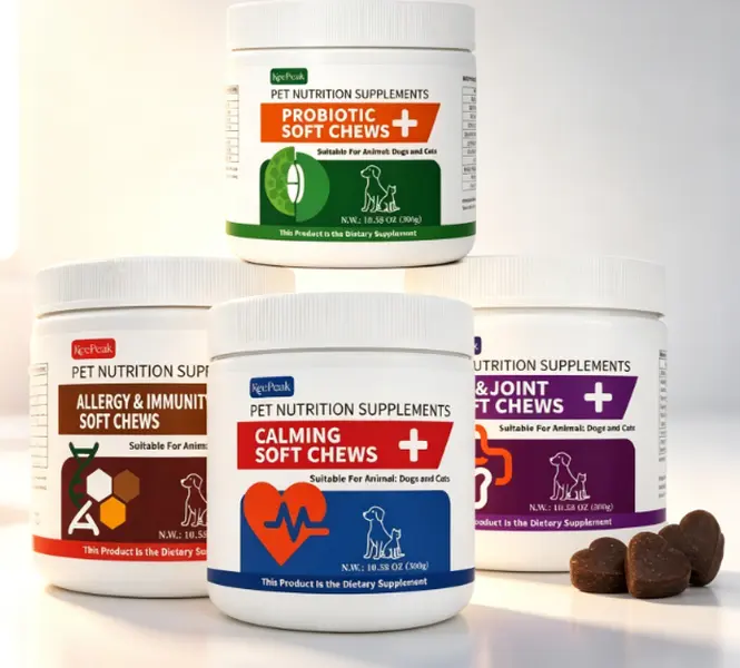 KeePeak 4-Pack Heart-Shaped Pet Nutrition Soft Chews Bundle - Dog & Cat Supplements for Anxiety Relief, Hip & Joint Support, Gut Probiotic Digestive Aid, Allergy Immunity Boost (All Breeds, Senior, Puppy, Kitten) mobility honesty multivitamin drops