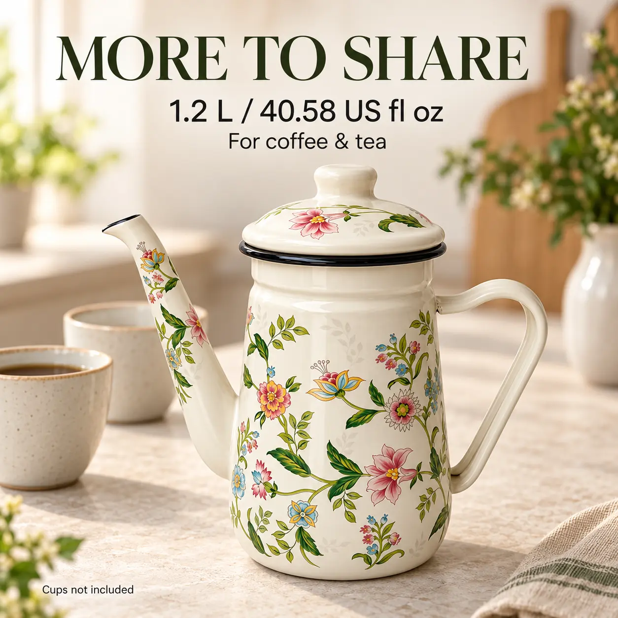 Ivory Vintage Floral Enamel Coffee & Tea Pot with Lid - 1.2L (40.58 fl oz), Long Spout, Curved Handle, Multicolor Design Kitchen Pot for Home Use, Compatible with Induction, Gas Stovetops, With Handle