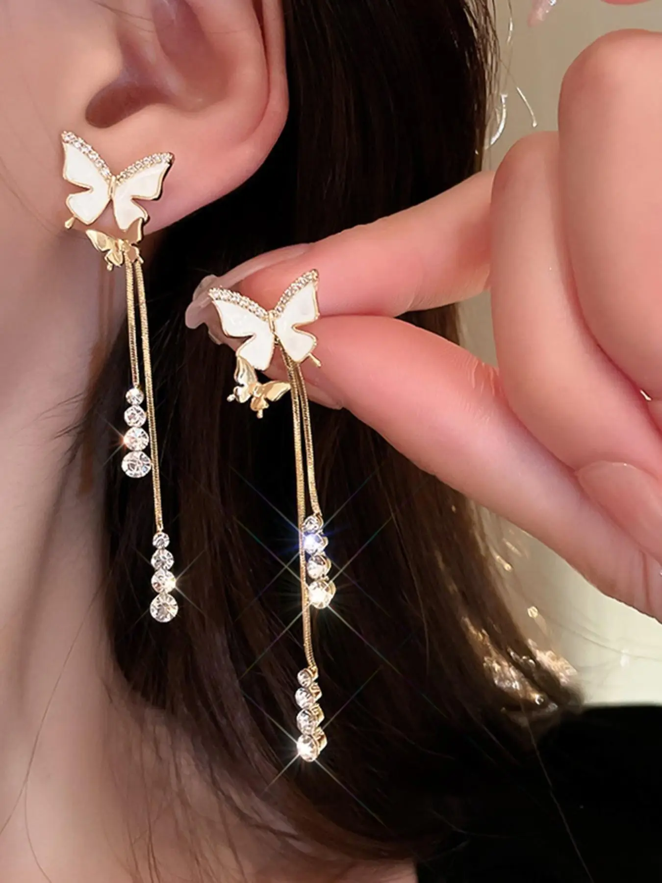 Summer Fashion Butterfly Rhinestone Decor Dangle Tassel Earrings, Elegant Plain Dangle Earrings, Kawaii Accessories, Matching Jewelry for Wedding Brid