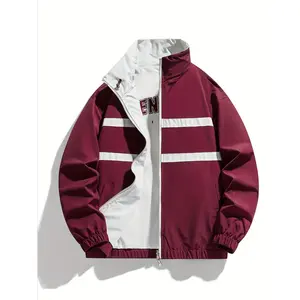 Men's Reversible Spring Jacket - White & Black Polyester Zip-Up with Stand Collar, Long Sleeve, Casual College Style, Hand or Dry Clean, Versatile Layering |   Sporty Look |   Smooth Textured Jacket