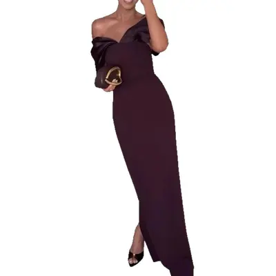strapless open back dress Violet slip midi dress Dark purple off shoulder straps back Elegant dr –  Koutun Dress main image 0