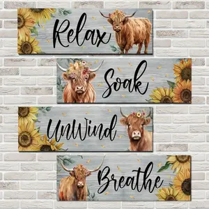 Wooden Highland Cow Bathroom Decor Set, Sunflower Hanging Farmhouse Sign, Rustic Farmhouse Design Relaxing Wall Art for Home Laundry Room/kitchen/bedroom, Home Decor Products