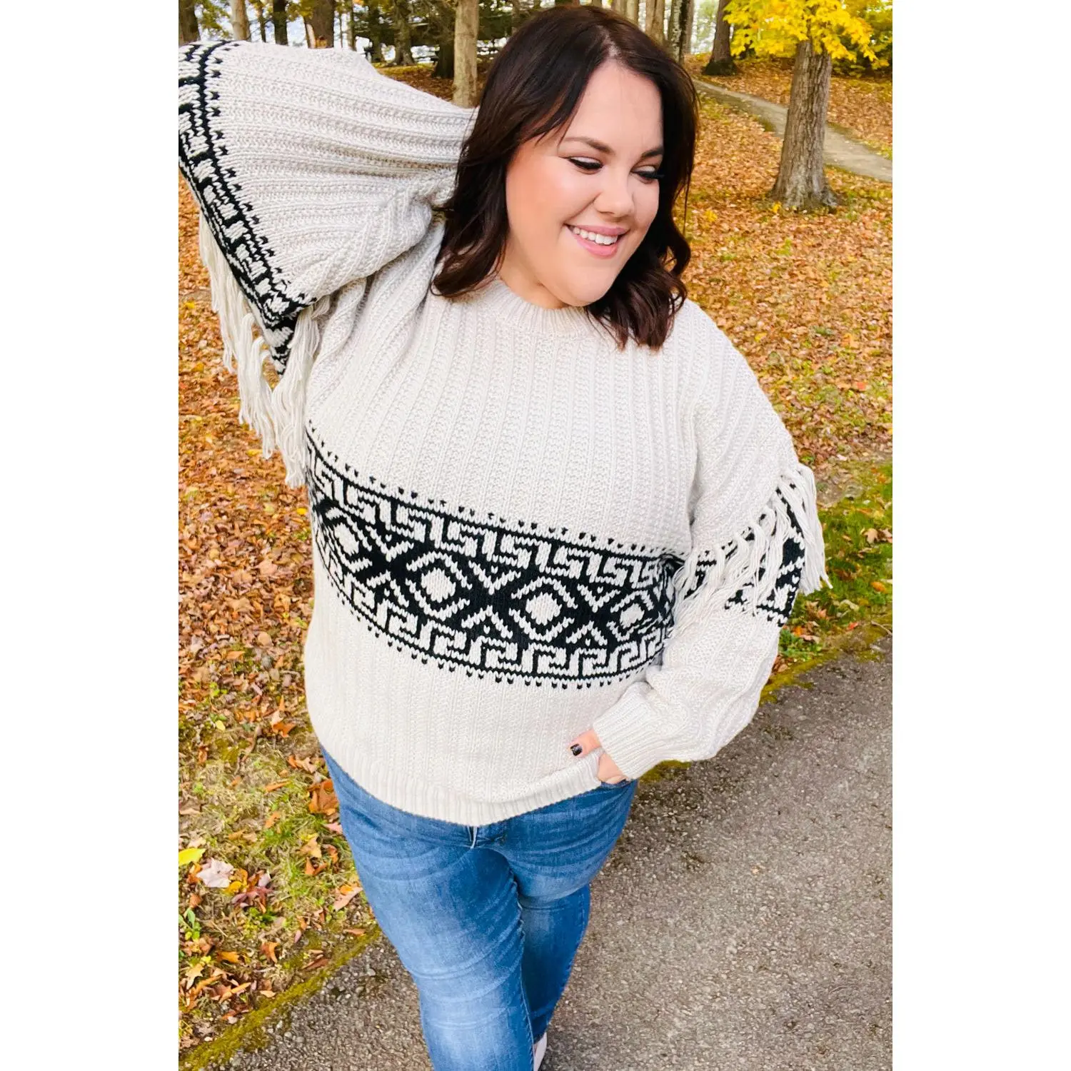 Ready For Anything Taupe & Black Tassel Aztec Sweater