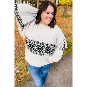 Ready For Anything Taupe & Black Tassel Aztec Sweater