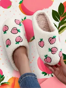 Cute Fruit Peach Embroidered Plush Slippers, Comfortable Breathable Indoor Home Shoes, Fashionable Gift Choice for Men & Women, All Seasons Wear